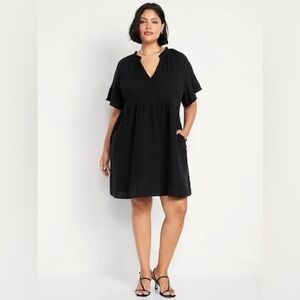 Old Navy, Split-Neck Crinkle Gauze Mini Swing Dress, Black, Size Medium